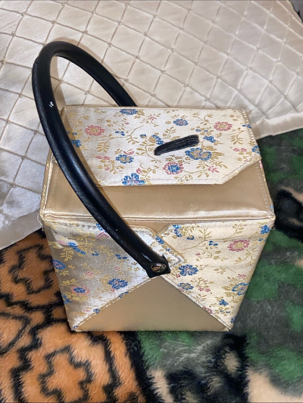 Cream Floral Mini Box Bag with Black Handle - Elegant Women's Mini Bag